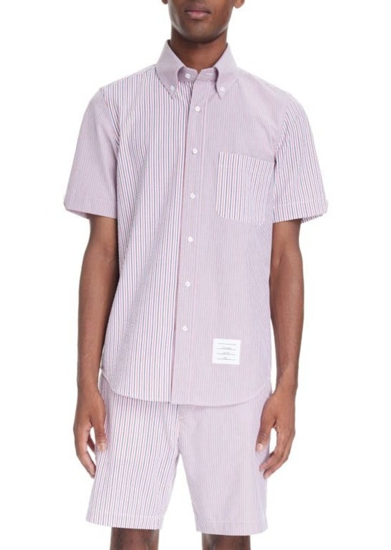 Thom Browne Straight Fit Stripe Short Sleeve Cotton Seersucker Button-Down Shirt