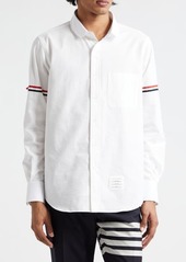 Thom Browne Straight Fit Stripe Trim Cotton Seersucker Button-Up Shirt