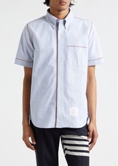 Thom Browne Tricolor Trim Short Sleeve Cotton Button-Down Shirt