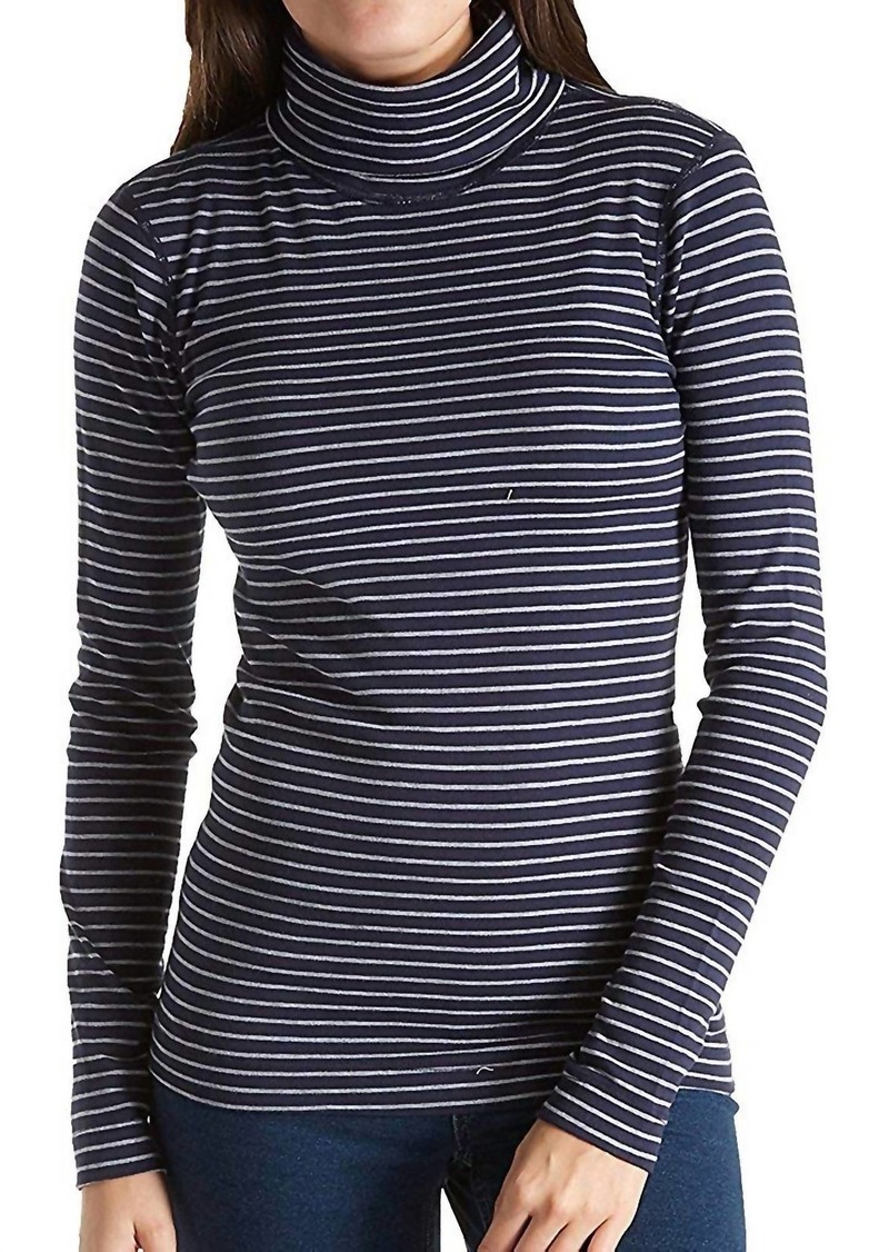 Three Dots Tahoe Stripe Diane Turtleneck Long Tight Shirt In Night Iris/granite