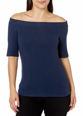Three Dots Women's Brushed Sweater Off Shoulder Short Shirt Night iris