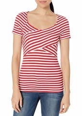Three Dots Women's Nantucket Stripe Terry Crossover mid Tight Shirt White/red