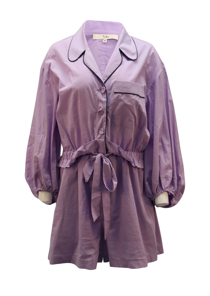 Tibi Baptise Pajama Romper with Waist Tie in Purple Cotton