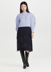 Tibi Eyelet Embroidery On Felted Wool Striped Shirtdress