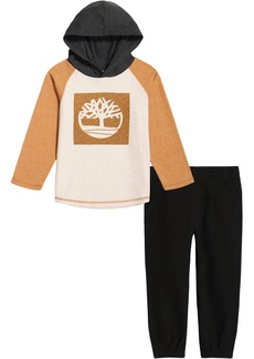Timberland Baby Boys Long Sleeve Colorblock Hooded Logo T shirt and Twill Joggers, 2 Piece Set