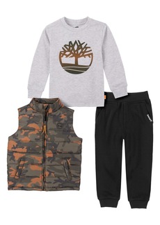 Timberland Little Boys Camo Puffer Vest, Logo T-shirt and Fleece Joggers, 3 Piece Set