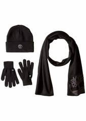 Timberland Men's Double Layer Scarf Cuffed Beanie & Magic Glove Gift Set black