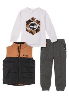 Timberland Toddler Boys Color Block Puffer Vest, Logo T-shirt and Fleece Joggers, 3 Piece Set