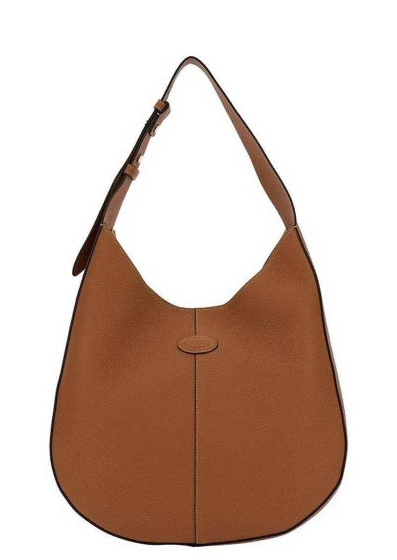 Tod's Brown Hobo Handbag with Tonal Embossed Logo in Grainy Hammered Woman