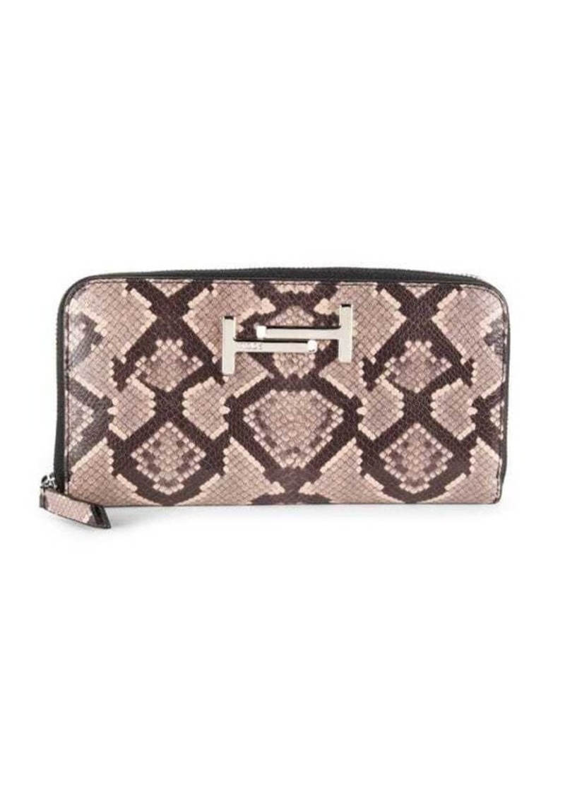 Tod's Snakeskin Print Leather Zip Around Wallet