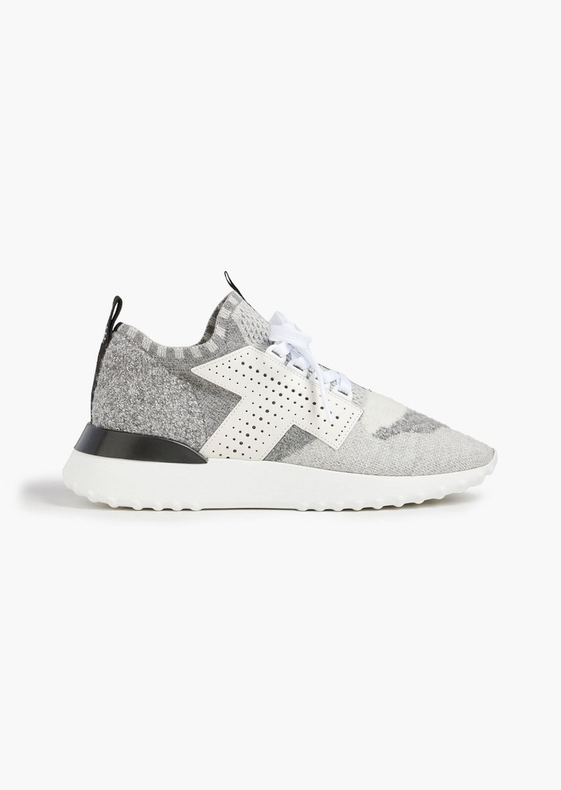 Tod's - Leather-trimmed metallic stretch-knit sneakers - Gray - EU 38.5
