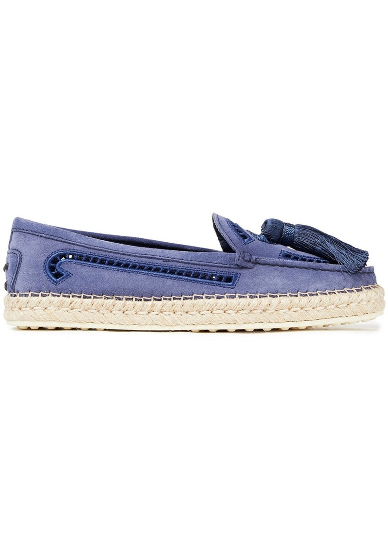 Tod's - Tasseled crochet-trimmed suede loafers - Blue - EU 37