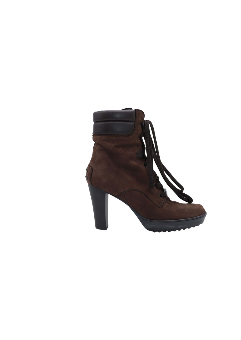 Tod's Aspen Penny Lu Lace Up Heeled Boots in Brown Suede