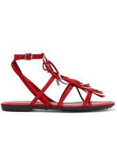 Tod's Woman Embellished Fringed Suede Sandals Red