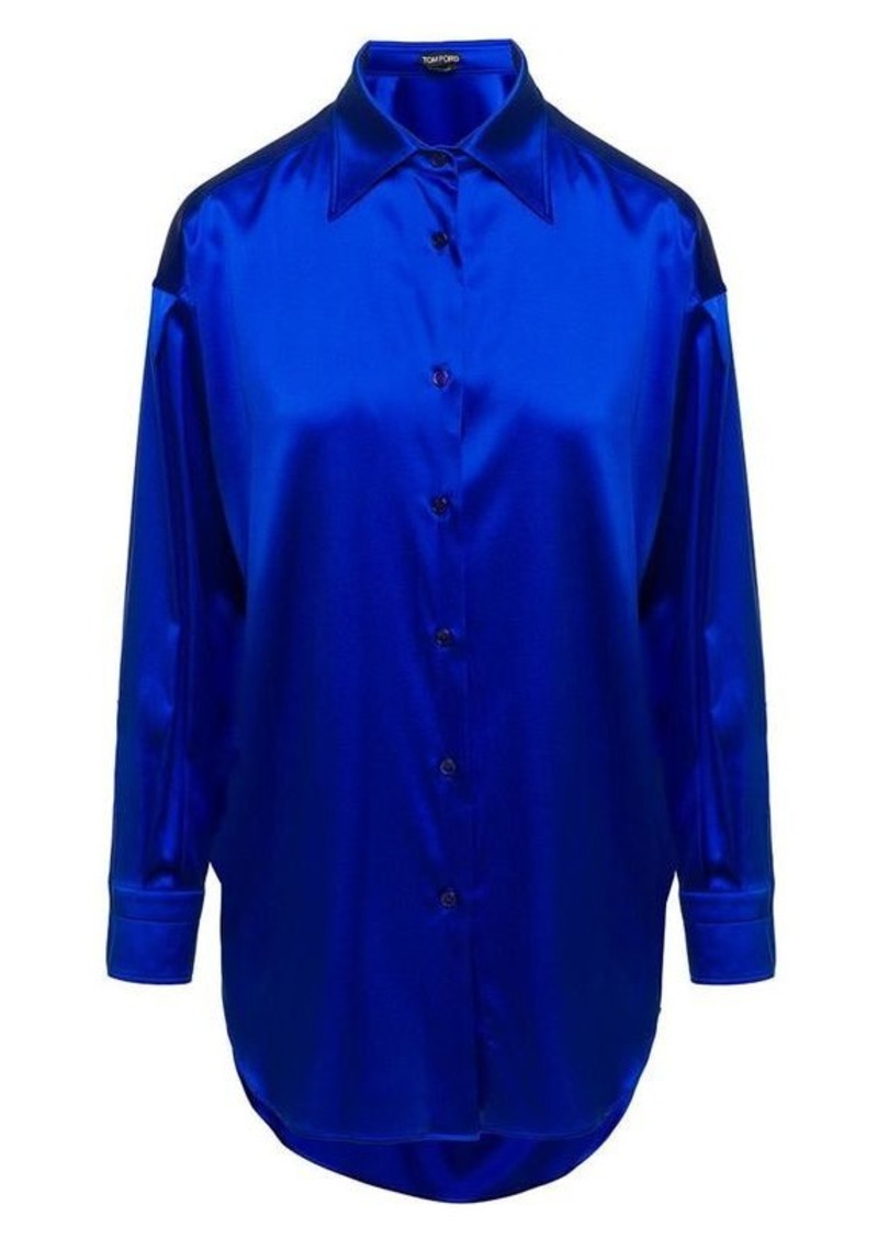 Tom Ford Blue Relaxed Shirt with Pointed Collar in Stretch Silk Woman