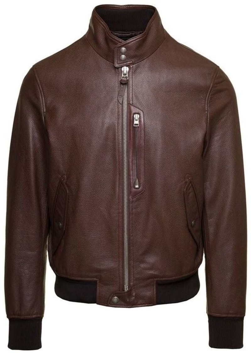 Tom Ford Brown High-Neck Zip-Up Jacket in Leather Man