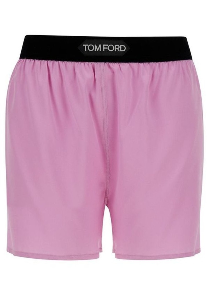 Tom Ford Pink Satin Shorts with Logo on Waistband in Stretch Silk Woman