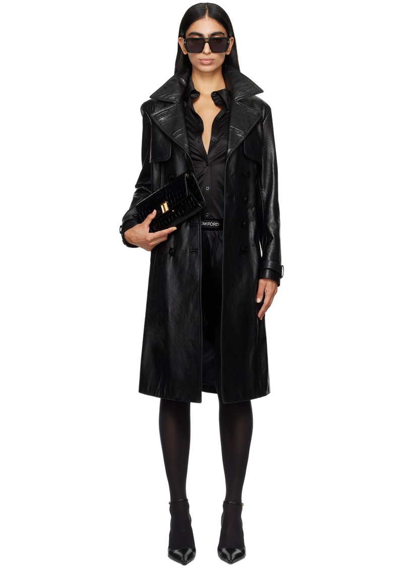 TOM FORD Black Double-Breasted Leather Trench Coat