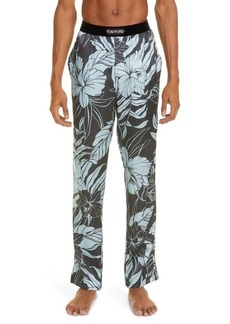 TOM FORD Hibiscus Print Stretch Silk Pajama Pants in Aqua /Dark Green at Nordstrom