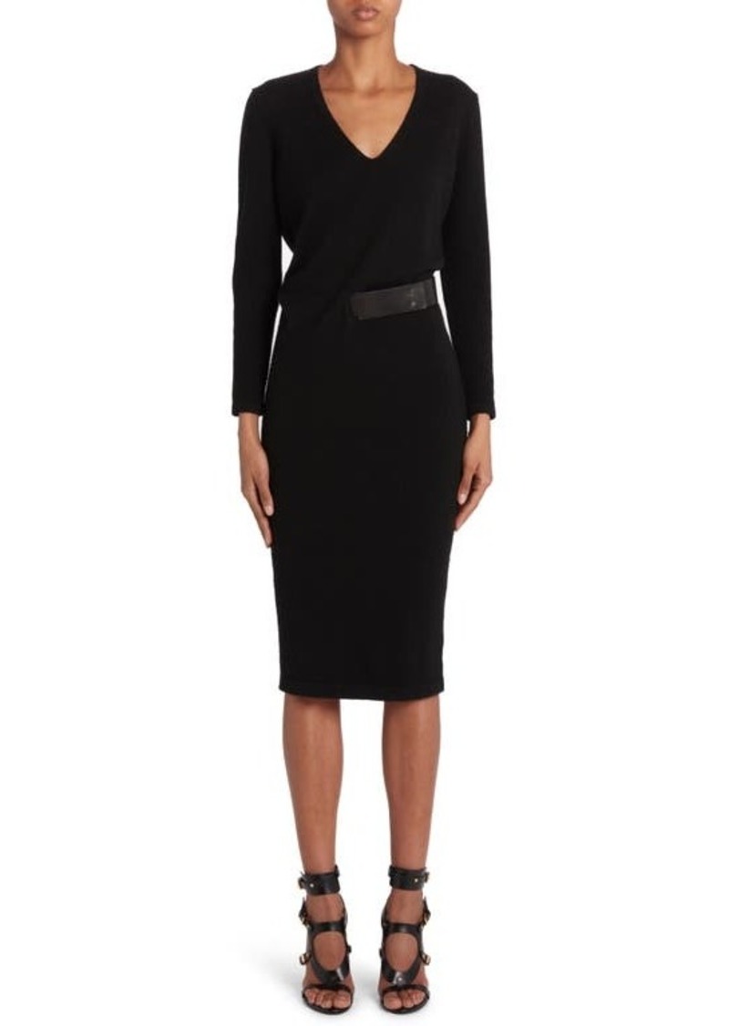 TOM FORD Leather Belt Detail Long Sleeve Cashmere Sweater Dress