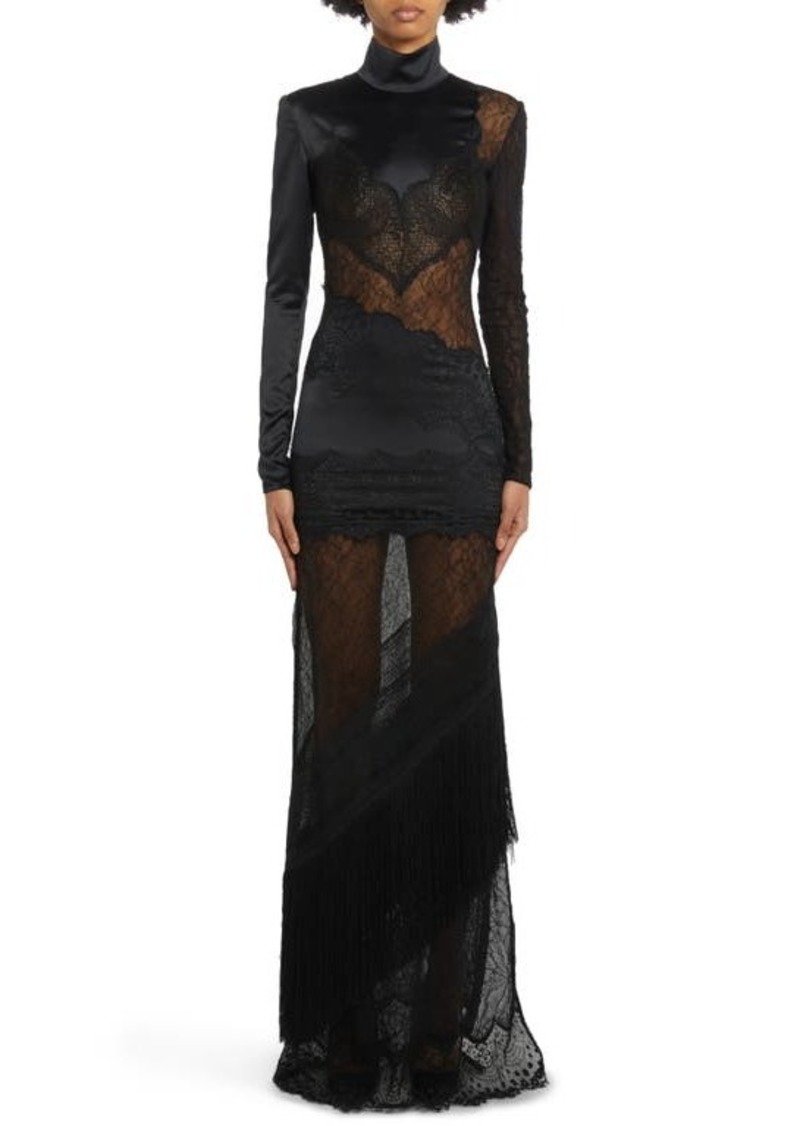TOM FORD Long Sleeve Floral Lace & Stretch Satin Gown