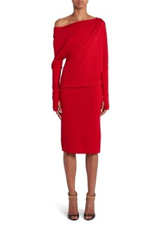 TOM FORD One-Shoulder Long Sleeve Cashmere & Silk Midi Sweater Dress