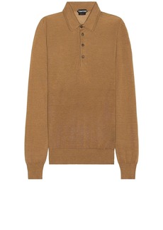 TOM FORD Piquet Long Sleeve Polo In Camel