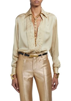TOM FORD Pleated Plastron Silk Charmeuse Button-Up Shirt