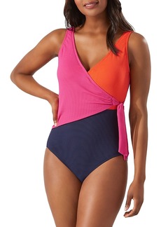 Tommy Bahama Color-Blocked Wrap-Front One Piece Swimsuit