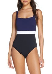 Tommy Bahama Colorblock Square Neck One-Piece Swimsuit in Black at Nordstrom