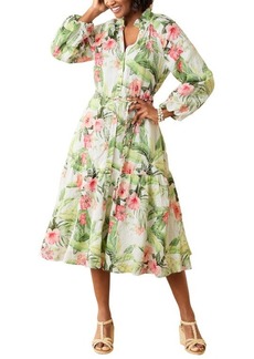 Tommy Bahama Daybreak Hibiscus Floral Long Sleeve Linen Midi Dress
