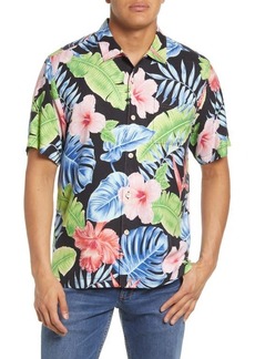 Tommy Bahama Hibiscus Grove Short Sleeve Silk Button-Up Shirt in Black at Nordstrom