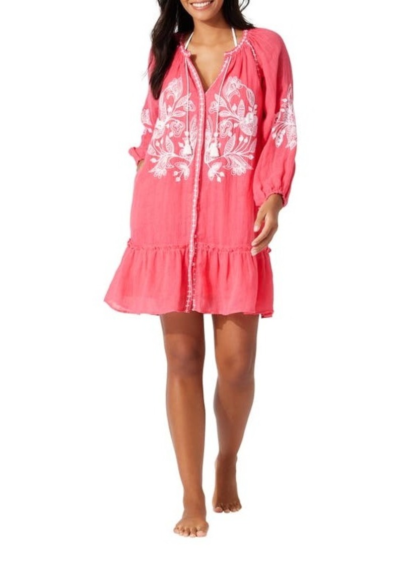 Tommy Bahama Long Sleeve Embroidered Linen Gauze Cover-Up Dress