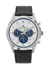 Tommy Bahama Men's Chronograph Silver-Tone Leather and Stee Starp Watch, 43mm