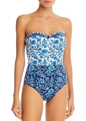 Tommy Bahama Woodblock Printed Ruffled Bandeau One Piece Swimsuit