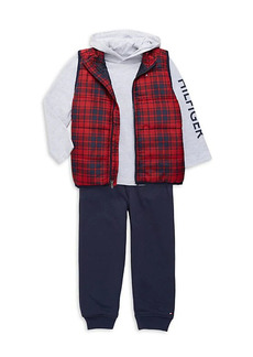 Tommy Hilfiger Little Boy's 3-Piece Heathered Logo Hoodie, Checked Puffer Vest & Joggers Set