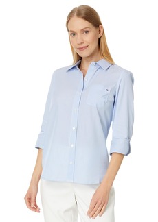 Tommy Hilfiger Women's Button Collared Shirt with Adjustable Sleeves Cronell Stripe Extra Small