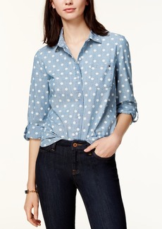 Tommy Hilfiger Women's Cotton Printed Roll-Tab Utility Shirt - Chambray Blue