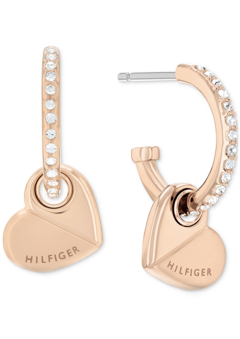 Tommy Hilfiger Gold-Tone Stainless Steel Heart Charm Pave Hoop Earrings - Carnation