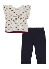 Tommy Hilfiger Little Girls Flutter Sleeve Logo Star Top and French Terry Cuffed Capris Pants, 2 Piece Set