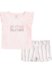 Tommy Hilfiger Little Girls Ruffle-Front Logo T-shirt and Striped Dolphin Hem Shorts, 2 Piece Set