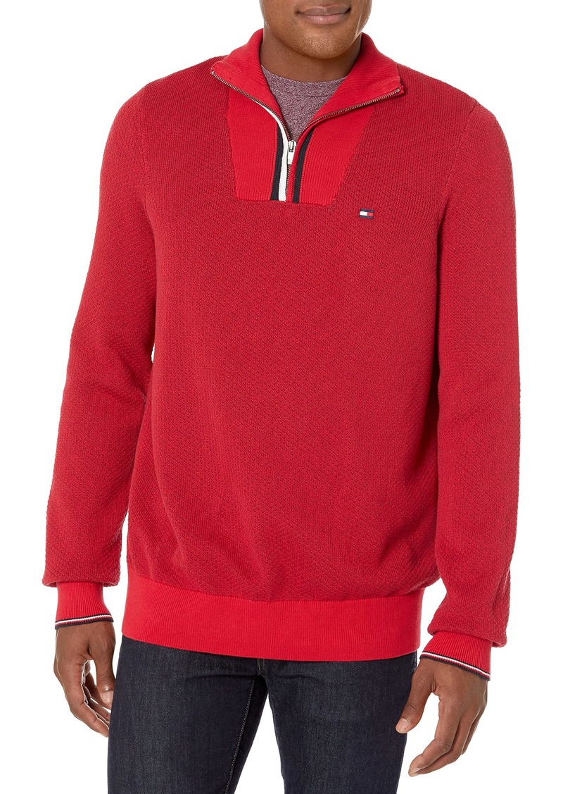 Tommy Hilfiger Men's Tall Long Sleeve Cotton Stripe Quarter Zip Pullover Sweater Primary RED 5XL-Big