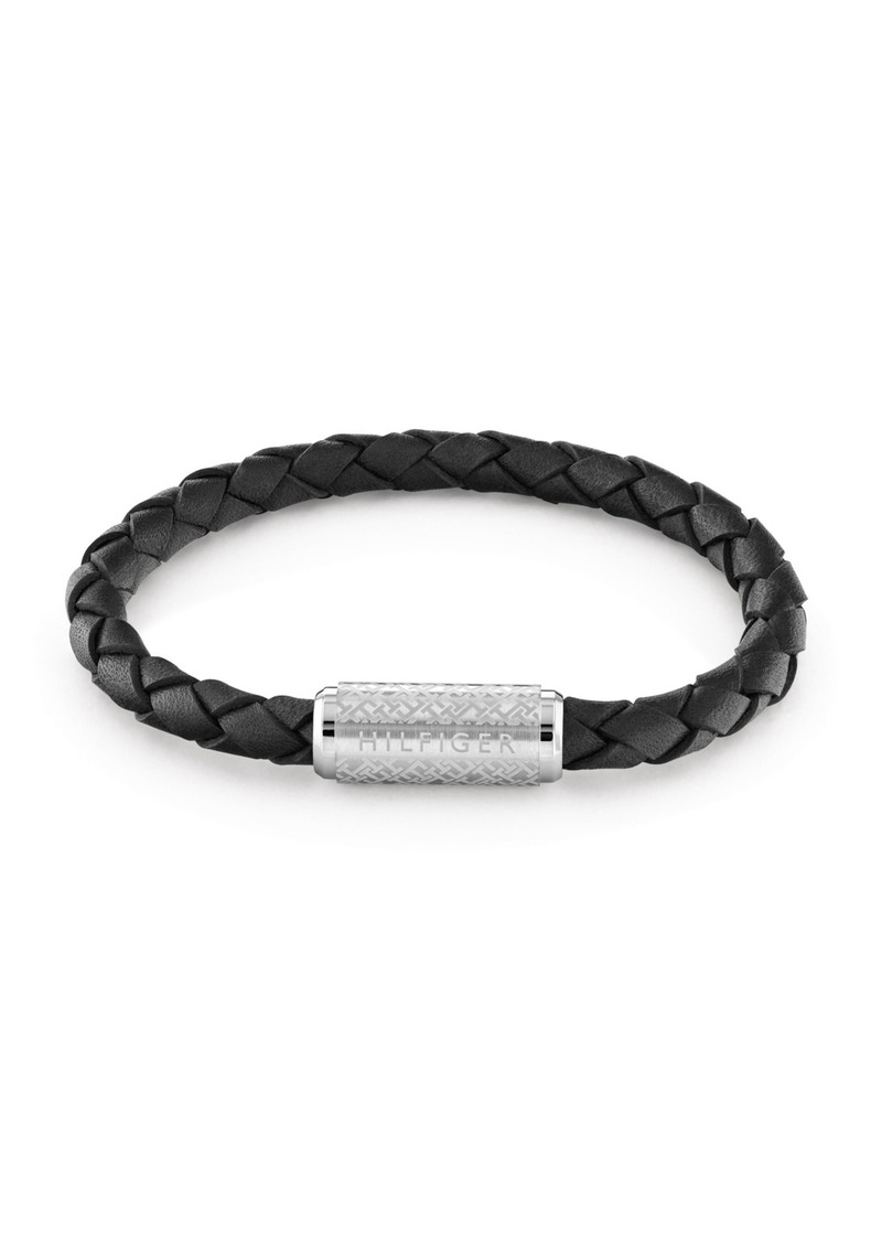 Tommy Hilfiger Men's Braided Black Leather Bracelet - Black