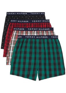 Tommy Hilfiger Men's Cotton Classics 4-Pack Woven Boxer RED Plaid Black MICROFLAG Print Mahogany Plaid Evergreen Check