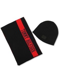 Tommy Hilfiger Men's Embroidered Flag Beanie & Logo Scarf Set - Black