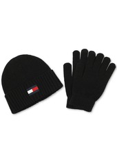 Tommy Hilfiger Men's Embroidered Logo Beanie & Gloves Set - Black