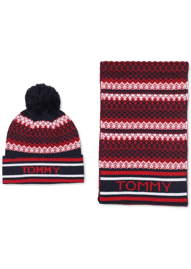 Tommy Hilfiger Men's Fair Isle Hat & Scarf Set - Sky Captain / Apple Red / Snow White