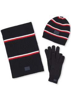 Tommy Hilfiger Men's Global Stripe Beanie, Scarf & Gloves Set - Desert Sky, Snow White, Apple Red