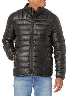 Tommy Hilfiger Men's Lightweight Quilted Faux Leather Puffer Jacket Black S