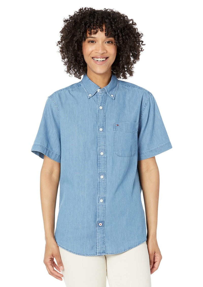 Tommy Hilfiger Men's Adaptive Magnetic Short Sleeve Button Shirt Custom Fit Medium WASH S